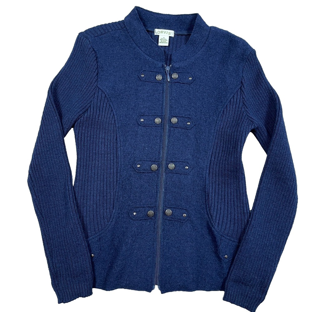 Orvis Sweater Women Medium Navy Blue Wool Knit Full Zip Cardigan Nautical Ribbed